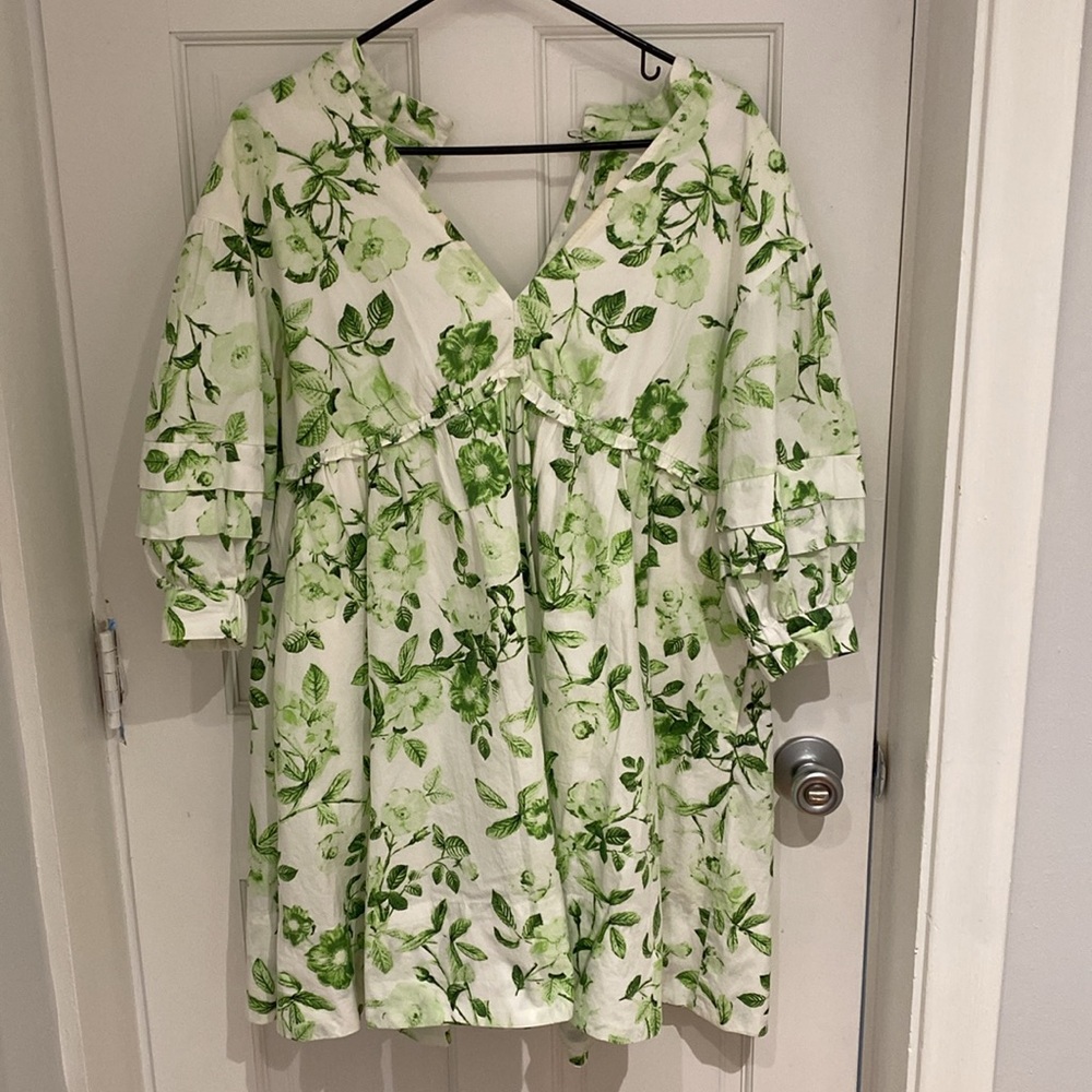 Maeve (anthro) puff sleeve babydoll mini dress white and green floral